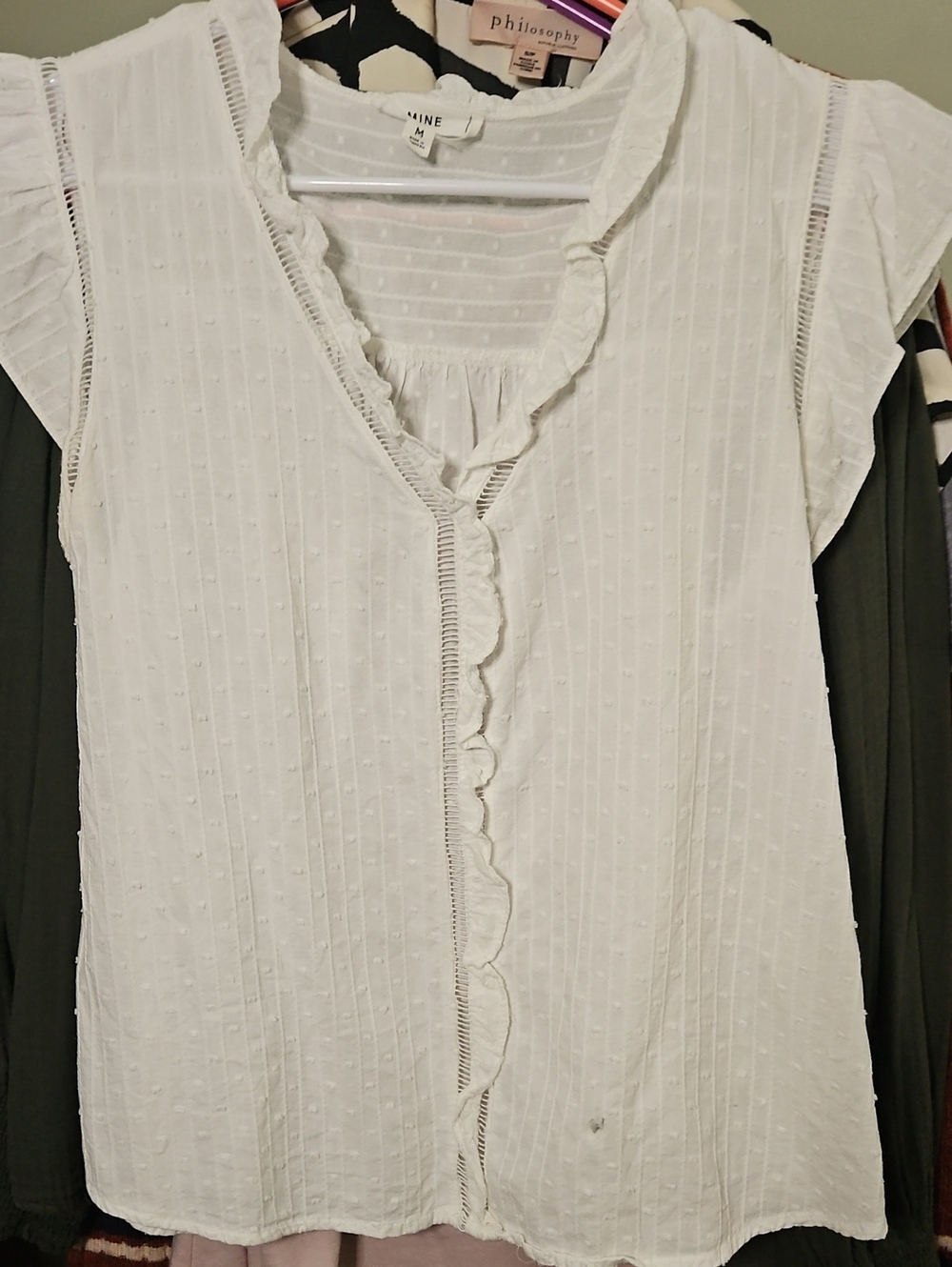 Anthropologie Mine White Swiss Dot Ruffle-Trim Blouse